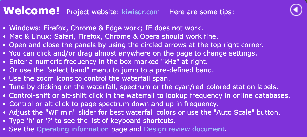 KiwiSDR Welcome Panel